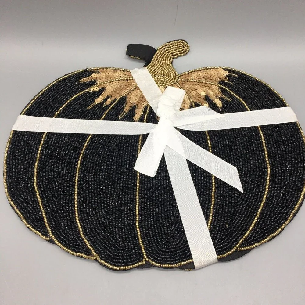x4 Nicole Miller Halloween Beaded Pumpkin Placemat Set Black Gold Designer Decor